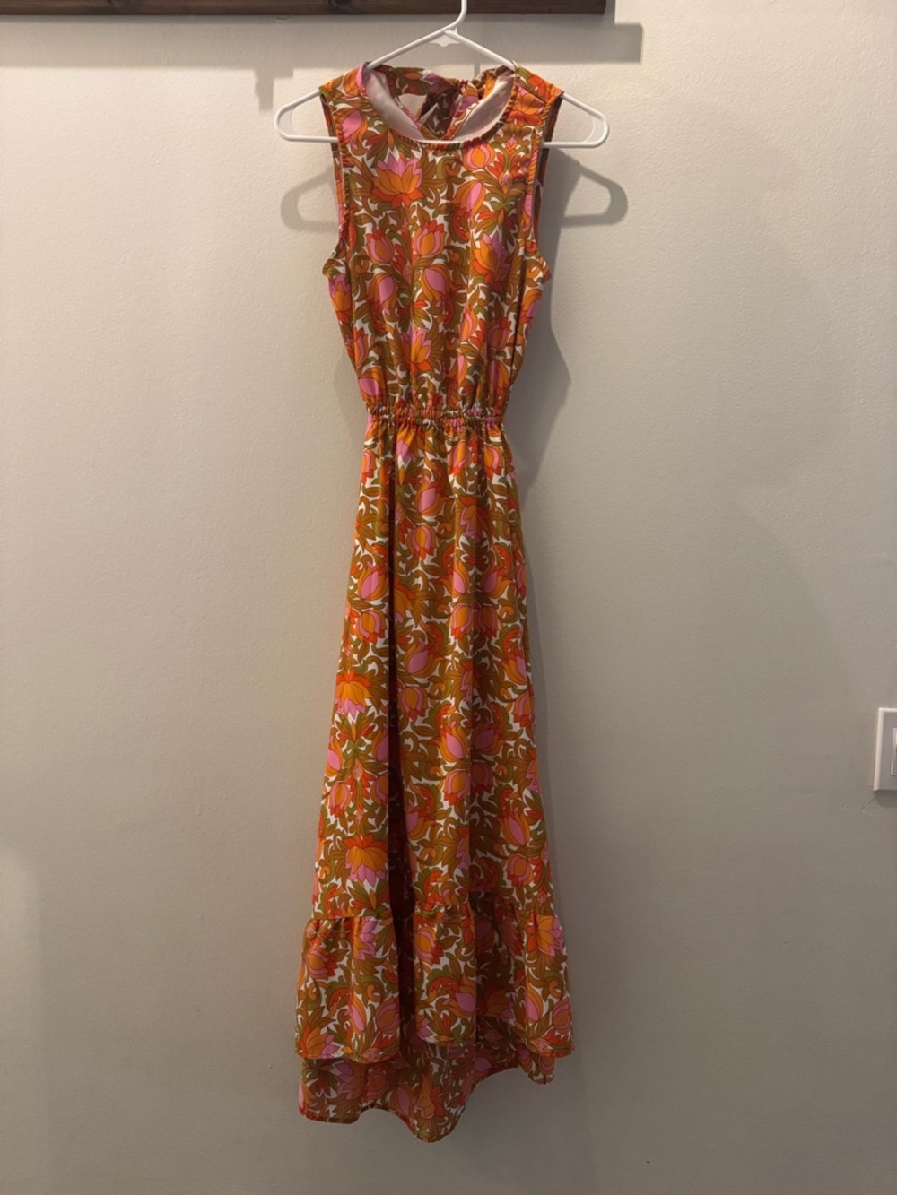 Sleeveless Orange Floral Maxi Dress with Elastic Waist